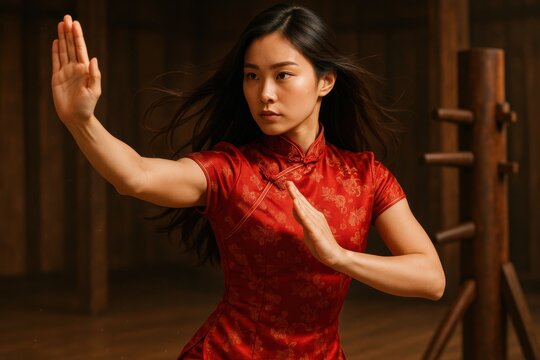 Martial artist executing Wing Chun technique with precision. Great for film promotion, personal empowerment visuals, martial arts schools and sports branding.
