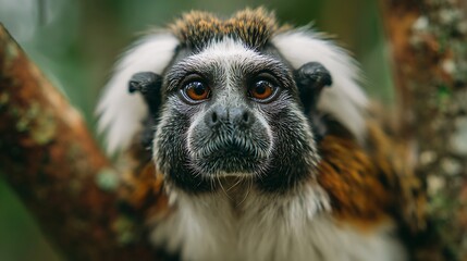 Close up of a cotton top tamarin monkey with a blurred background in its natural habitat setting