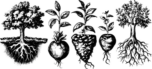 Illustration set of trees and vegetables with roots. Black and white vector art highlighting plant growth and agricultural themes.