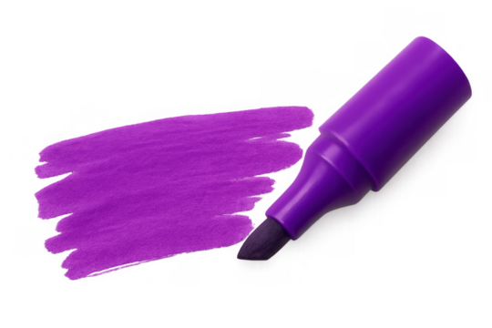 Purple felt-tip marker drawing a bright ink stroke, making a colorful highlight line, transparent background