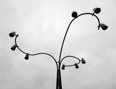 A stylish silhouette: a multi-arm street lamp with curved lines reminiscent of a tree, against an overcast sky. Monochrome urban design.