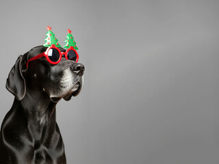 Cool Black Great Dane Dog Wearing Christmas Tree Sunglasses. Funny Holiday Pet Portrait on Gray Background.