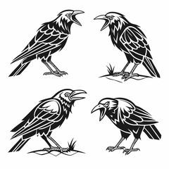 Four stylized black crows or ravens with open beaks on white background