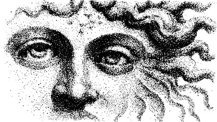 Face and hair details in black and white style. Vector illustration with a fine texture, presenting a classic and well-defined portrait set.