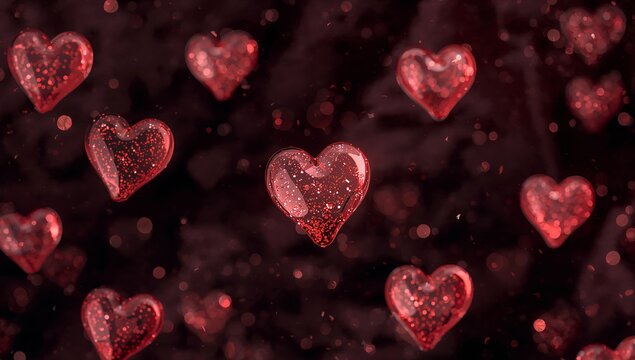 Crimson Hearts in Murky Depths, Sparkling Glass Forms on a Dark Hazy Background.