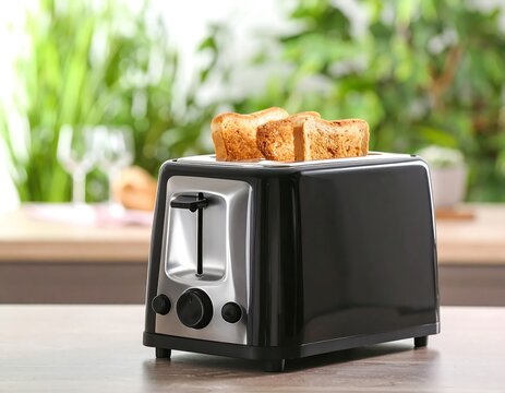 A close-up shot shows a toaster with two slices of toast, set on a wooden table. A green backdrop blurs the view