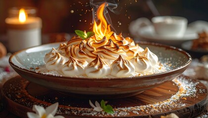Exquisite dessert with meringue and flame on a plate, close up shot, food photography