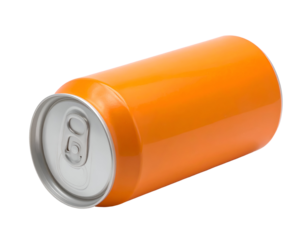 An orange aluminum beverage can with a pull-tab opening lying on its side against a transparent background