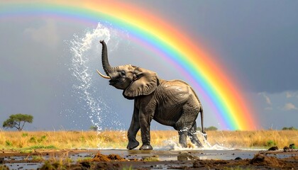 Fototapeta premium Elephant Under Rainbow Splashing Water.