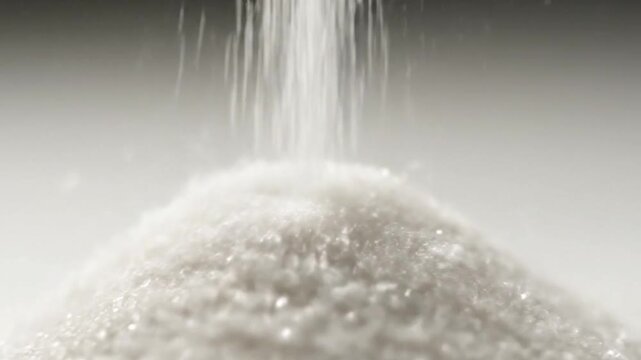 Sugar Shower: A cascade of glistening sugar crystals pours onto a pristine pile, the image evoking sweetness and purity.