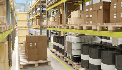 Industrial warehouse stores chemical barrels, containers, and cardboard boxes on pallets. Logistics...