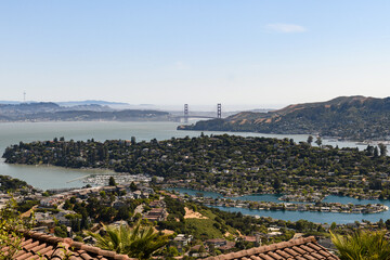 View looking southwest from Tiburon, California of Belvedere Island, Belvedere Lagoon, San Francisco Bay, Richardson Bay and the Golden Gate Bridge.
