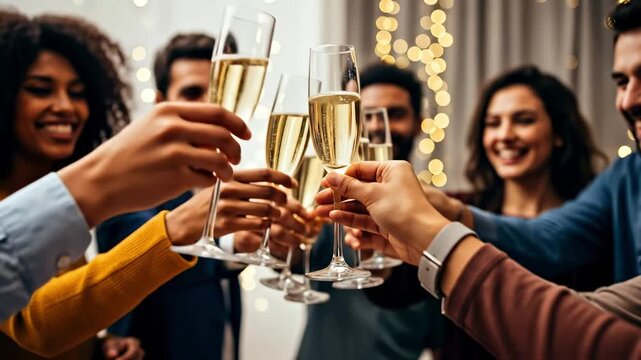 A joyful celebration gathering of diverse adults clinking champagne glasses, creating a festive atmosphere with twinkling lights in the background.