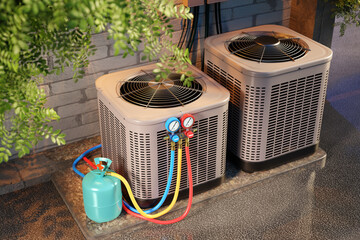 HVAC maintenance with refrigerant gauges and gas cylinder connected to outdoor air conditioning units. Professional servicing for cooling efficiency and system performance.