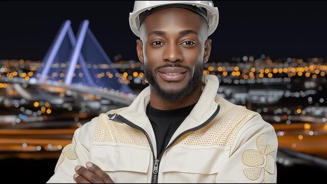 Confident African American man in safety gear smiles while overlooking a vibrant city skyline at night, showcasing his pride in the construction industry, camera pans right