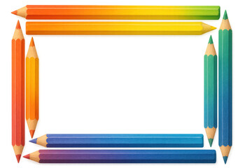 Bright rainbow colored pencils creating a vibrant rectangular frame, ideal for art, drawing, education, and school stationery concepts