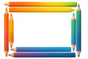 Bright rainbow colored pencils creating a vibrant rectangular frame, ideal for art, drawing, education, and school stationery concepts