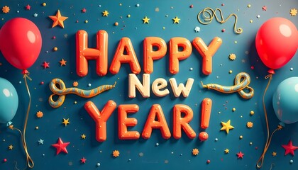 Playful cartoon bubble letters with bright balloons, stars, and colorful party decorations.