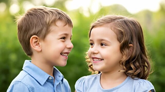 Two Young Children Sharing a Joyful Moment Outdoors in a Green Setting, One Boy and One Girl, Smiling and Engaging in Playful Interaction
