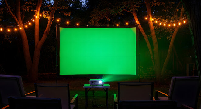 Outdoor movie setup at night with a green screen on a projector screen surrounded by string lights and chairs in a backyard