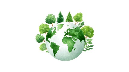 A watercolor painting of the Earth encircled by diverse green trees and leafy branches conveying themes of environmentalism nature and global sustainability
