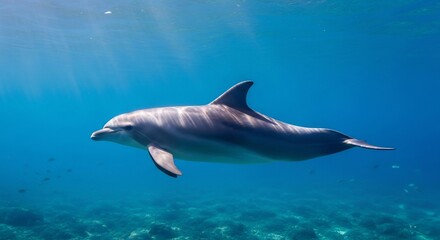 Fototapeta premium A dolphin swims in clear blue ocean water near a coral reef
