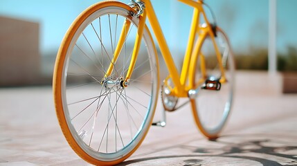 Close up perspective of a bright yellow bicycle featuring orange tires and intricate spokes set on textured pavement with a softly blurred urban background