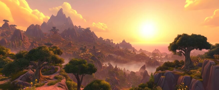 Golden Hour in Pandaria: A Breathtaking Vista of Mountains and Ancient Temples