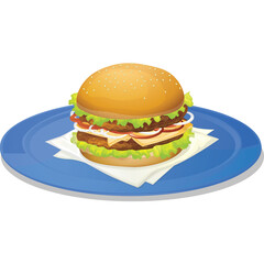 A juicy double cheeseburger with lettuce tomato onion and bacon sits on a white paper napkin on a blue plate a classic fast food meal on a transparent background