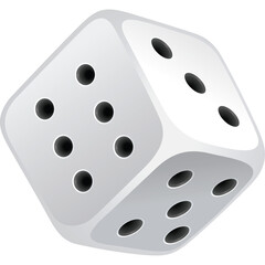 A Single White Cubic Game Die with Black Pips Showing Numbers One Four Seven Rotated Against A Transparent Background in Studio Lighting