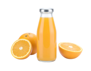 A glass bottle of fresh orange juice surrounded by whole and sliced oranges on a transparent background