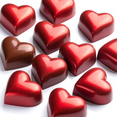 Fototapeta premium A close-up showcases a collection of glossy, heart-shaped chocolates, primarily red, with one brown, against a white background