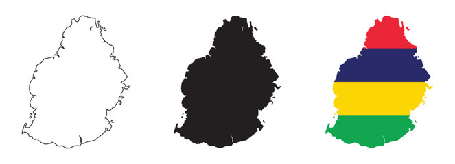 Mauritius map vector with editable country outline black silhouette and national flag featuring red blue yellow green stripes for geography, travel, education, and tropical island illustration design