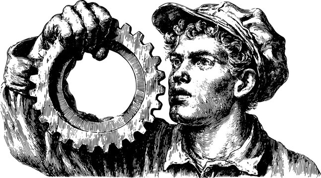Worker holding a gear in a black outline drawing. Vintage engraving vector illustration showcasing manual labor and industry themes.