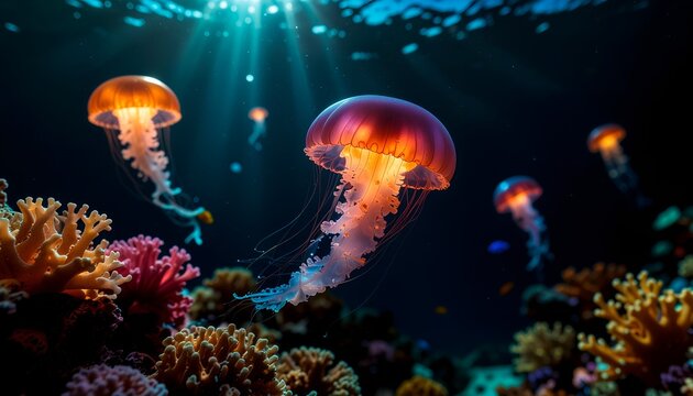 Close-up of an underwater scene with glowing jellyfish and coral reefs.