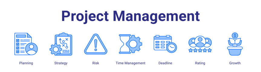 Obraz premium Project Management web icon vector illustration concept with icon of Planning,Strategy,Risk,Time Management,Deadline,Rating,Growth