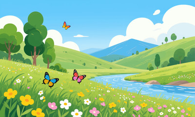 Fototapeta premium Colorful butterflies fluttering over blooming meadow with winding river