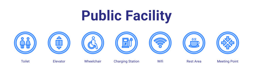 Fototapeta premium Public Facility web icon vector illustration concept with icon of Toilet,Elevator,Wheelchair,Charging Station,Wifi,Rest Area,Meeting Point