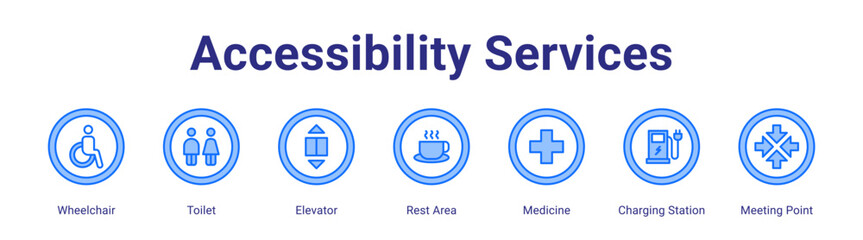 Accessibility Services web icon vector illustration concept with icon of Wheelchair,Toilet,Elevator,Rest Area,Medicine,Charging Station,Meeting Point