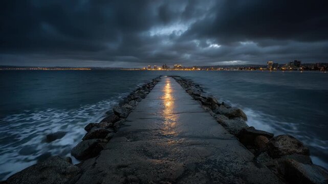 A stone pier leads to a city skyline under a stormy sky at dusk, reflecting lights on the wet surface - Powered by Adobe