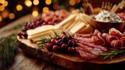 A festive charcuterie board with cheeses, meats, and cranberries,