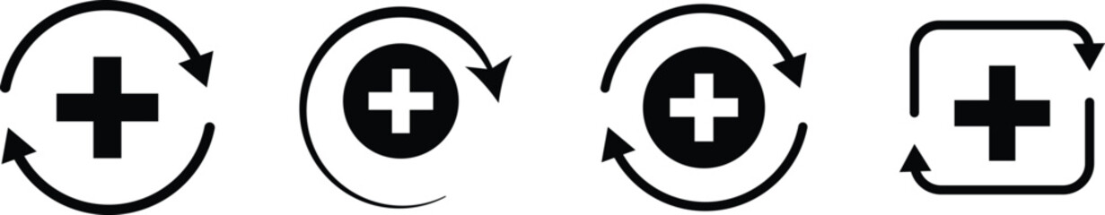 Health recovery icon set. Medical plus signs with upward arrow sign. Medical and Healthcare Symbols. refresh symbol

