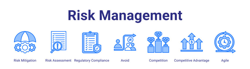 Risk Management web icon vector illustration concept with icon of Risk Mitigation,Risk Assessment,Regulatory Compliance,Avoid,Competition,Competitive Advantage,Agile