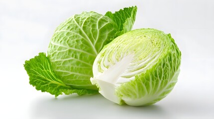 Studio shot of a vibrant green cabbage one whole and one bisected to reveal its crisp leafy interior isolated on a white background