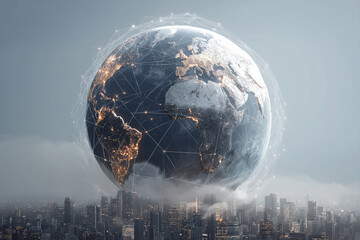 Futuristic Digital Network Encircling Earth Above a Modern Cityscape in Fog
