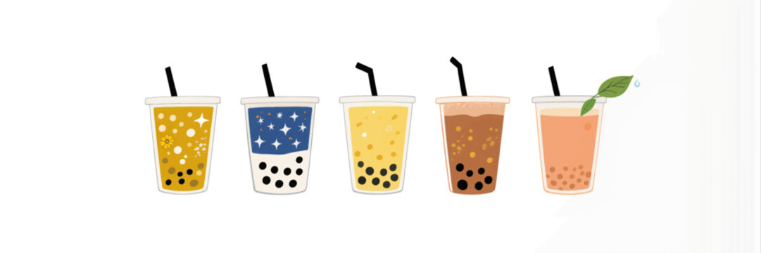 Five colorful bubble tea drinks with straws and toppings