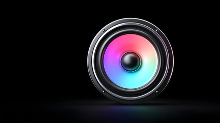 Detailed shot of an audio speaker featuring a dynamically lit diaphragm with a rainbow gradient effect presented in a professional studio setting against a void black backdrop