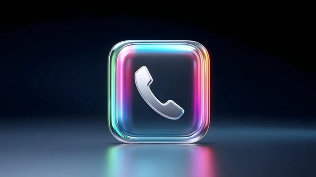 A high tech translucent glass icon displays a metallic silver telephone handset  It emits a dynamic multi colored neon light effect against a dark reflective backdrop representing connectivity