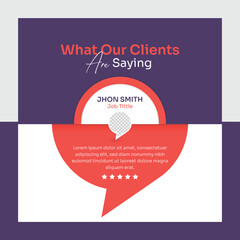 Red color client feedback square template with customer rating and review layout.