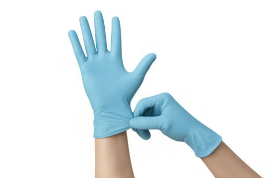Hands putting on blue protective medical gloves for hygiene and safety on transparent background